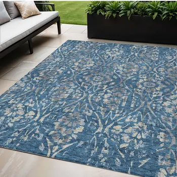 5' X 8' Blue And Ivory Floral Washable Indoor Outdoor Area Rug