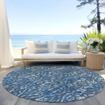 8' Blue And Ivory Round Floral Washable Indoor Outdoor Area Rug