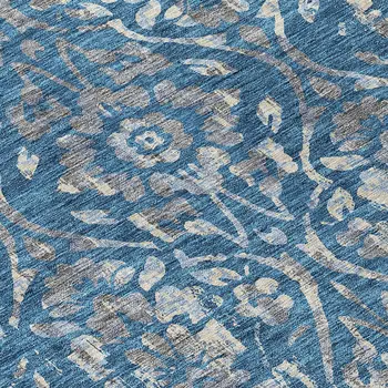 8' Blue And Ivory Round Floral Washable Indoor Outdoor Area Rug