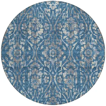 8' Blue And Ivory Round Floral Washable Indoor Outdoor Area Rug