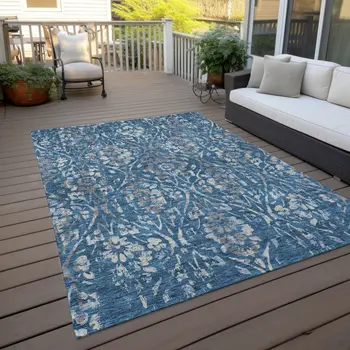 9' X 12' Blue And Ivory Floral Washable Indoor Outdoor Area Rug