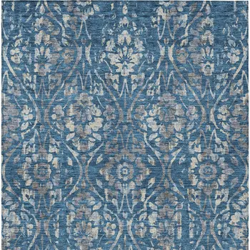 10' X 14' Blue And Ivory Floral Washable Indoor Outdoor Area Rug