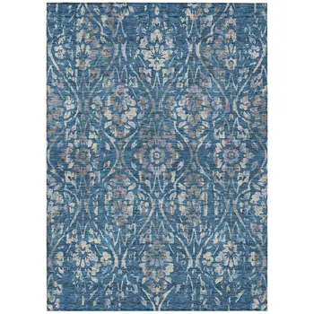 10' X 14' Blue And Ivory Floral Washable Indoor Outdoor Area Rug
