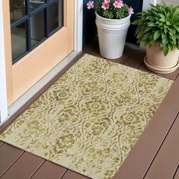 3' X 5' Gold And Brown Floral Washable Indoor Outdoor Area Rug