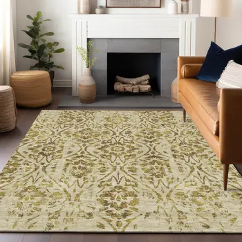 3' X 5' Gold And Brown Floral Washable Indoor Outdoor Area Rug