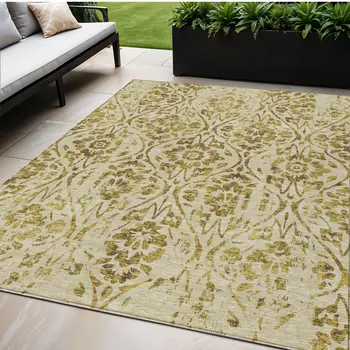5' X 8' Gold And Brown Floral Washable Indoor Outdoor Area Rug