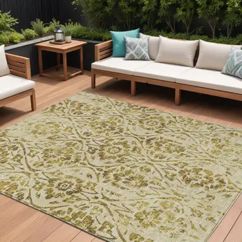 10' X 14' Gold And Brown Floral Washable Indoor Outdoor Area Rug