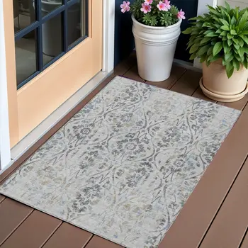 3' X 5' Gray Black And Green Floral Washable Indoor Outdoor Area Rug