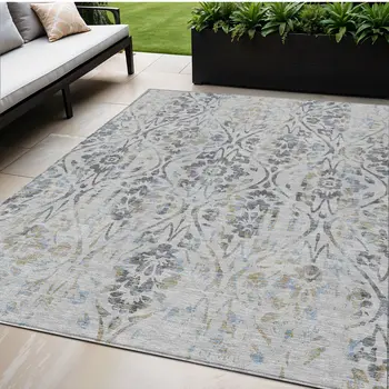 5' X 8' Gray Black And Green Floral Washable Indoor Outdoor Area Rug