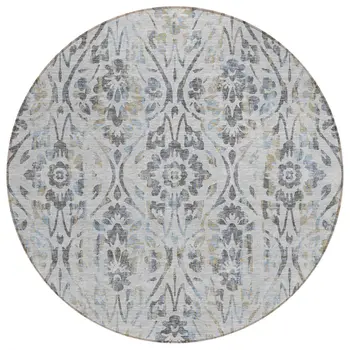 8' Gray Black And Green Round Floral Washable Indoor Outdoor Area Rug