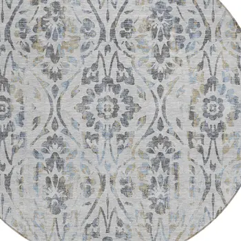 8' Gray Black And Green Round Floral Washable Indoor Outdoor Area Rug
