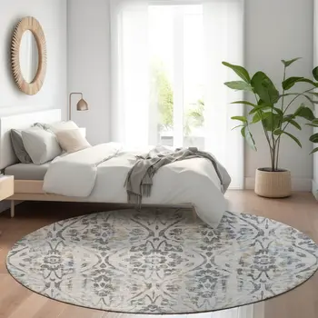8' Gray Black And Green Round Floral Washable Indoor Outdoor Area Rug