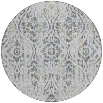 8' Gray Black And Green Round Floral Washable Indoor Outdoor Area Rug