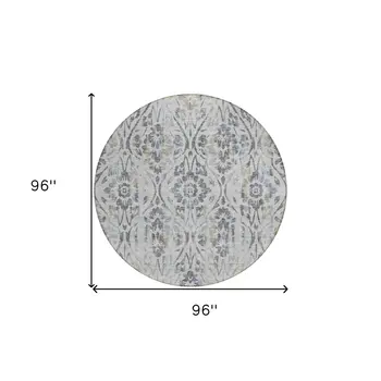 8' Gray Black And Green Round Floral Washable Indoor Outdoor Area Rug