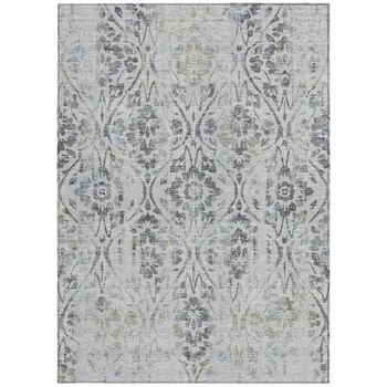 10' X 14' Gray Black And Green Floral Washable Indoor Outdoor Area Rug