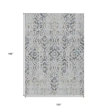 10' X 14' Gray Black And Green Floral Washable Indoor Outdoor Area Rug