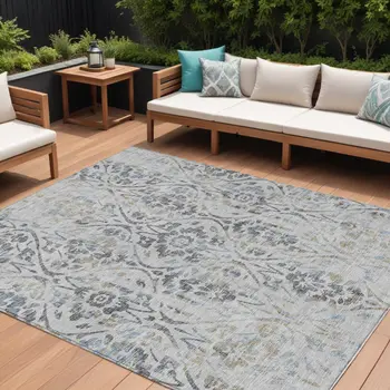 10' X 14' Gray Black And Green Floral Washable Indoor Outdoor Area Rug