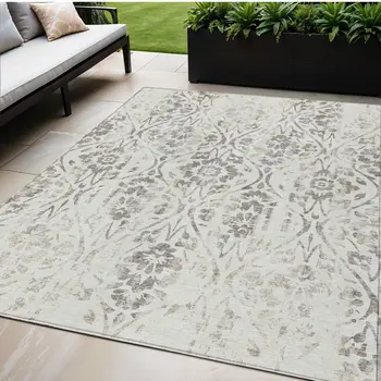 5' X 8' Ivory And Brown Floral Washable Indoor Outdoor Area Rug