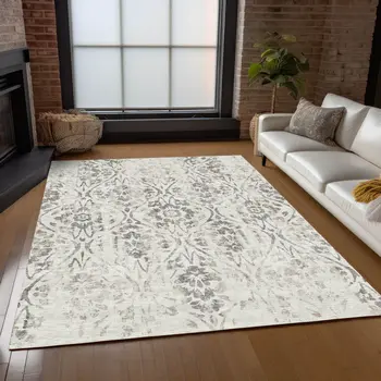 5' X 8' Ivory And Brown Floral Washable Indoor Outdoor Area Rug