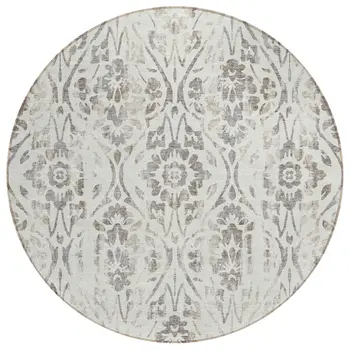 8' Ivory And Brown Round Floral Washable Indoor Outdoor Area Rug