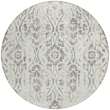 8' Ivory And Brown Round Floral Washable Indoor Outdoor Area Rug