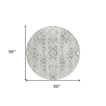 8' Ivory And Brown Round Floral Washable Indoor Outdoor Area Rug