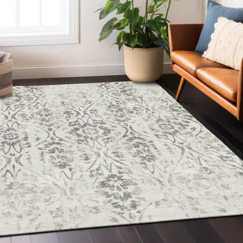8' X 10' Ivory And Brown Floral Washable Indoor Outdoor Area Rug