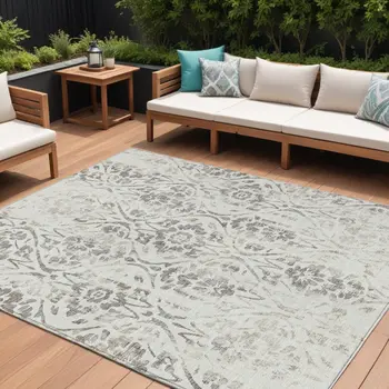 10' X 14' Ivory And Brown Floral Washable Indoor Outdoor Area Rug