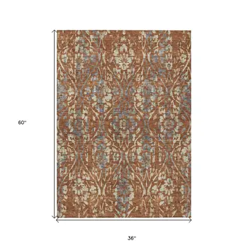 3' X 5' Orange Ivory And Dark Gray Floral Washable Indoor Outdoor Area Rug