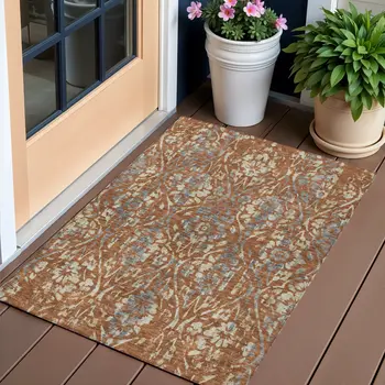 3' X 5' Orange Ivory And Dark Gray Floral Washable Indoor Outdoor Area Rug