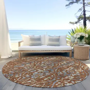 8' Orange Ivory And Dark Gray Round Floral Washable Indoor Outdoor Area Rug