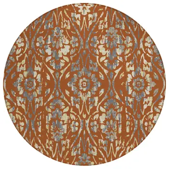 8' Orange Ivory And Dark Gray Round Floral Washable Indoor Outdoor Area Rug