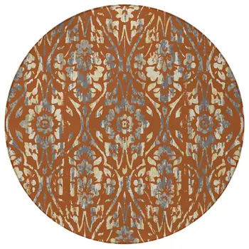 8' Orange Ivory And Dark Gray Round Floral Washable Indoor Outdoor Area Rug
