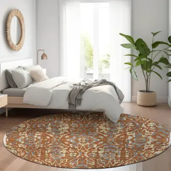 8' Orange Ivory And Dark Gray Round Floral Washable Indoor Outdoor Area Rug