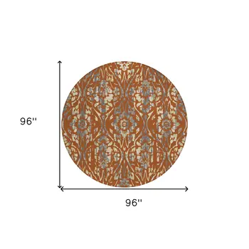 8' Orange Ivory And Dark Gray Round Floral Washable Indoor Outdoor Area Rug