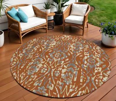 8' Orange Ivory And Dark Gray Round Floral Washable Indoor Outdoor Area Rug