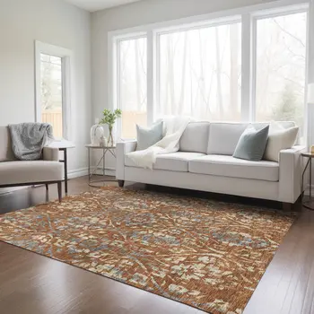 9' X 12' Orange Ivory And Dark Gray Floral Washable Indoor Outdoor Area Rug