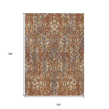 10' X 14' Orange Ivory And Dark Gray Floral Washable Indoor Outdoor Area Rug
