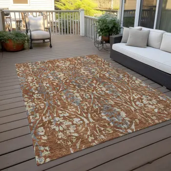 10' X 14' Orange Ivory And Dark Gray Floral Washable Indoor Outdoor Area Rug