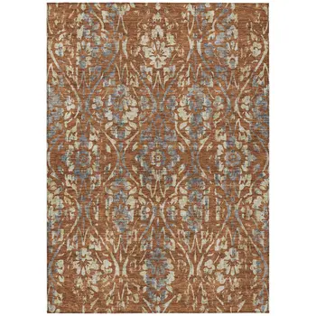 10' X 14' Orange Ivory And Dark Gray Floral Washable Indoor Outdoor Area Rug