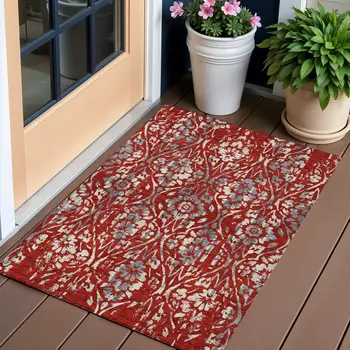 3' X 5' Red Ivory And Dark Gray Floral Washable Indoor Outdoor Area Rug