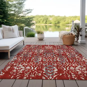 3' X 5' Red Ivory And Dark Gray Floral Washable Indoor Outdoor Area Rug