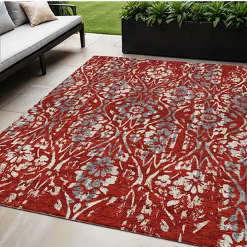 5' X 8' Red Ivory And Dark Gray Floral Washable Indoor Outdoor Area Rug