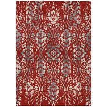 5' X 8' Red Ivory And Dark Gray Floral Washable Indoor Outdoor Area Rug
