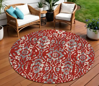 8' Red Ivory And Dark Gray Round Floral Washable Indoor Outdoor Area Rug