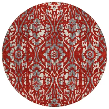 8' Red Ivory And Dark Gray Round Floral Washable Indoor Outdoor Area Rug