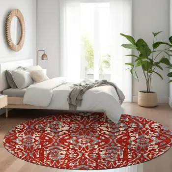 8' Red Ivory And Dark Gray Round Floral Washable Indoor Outdoor Area Rug