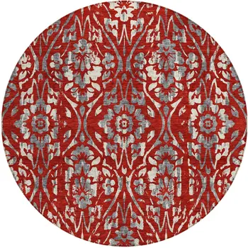 8' Red Ivory And Dark Gray Round Floral Washable Indoor Outdoor Area Rug