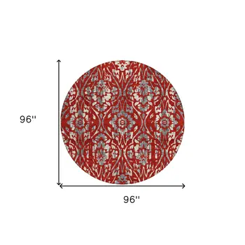 8' Red Ivory And Dark Gray Round Floral Washable Indoor Outdoor Area Rug