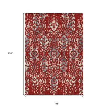 8' X 10' Red Ivory And Dark Gray Floral Washable Indoor Outdoor Area Rug